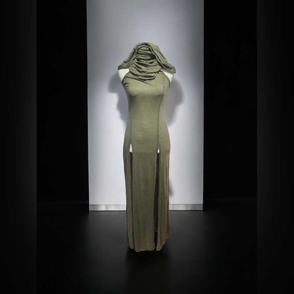 Sleeveless Olive Green Maxi Dress with Draped Neck